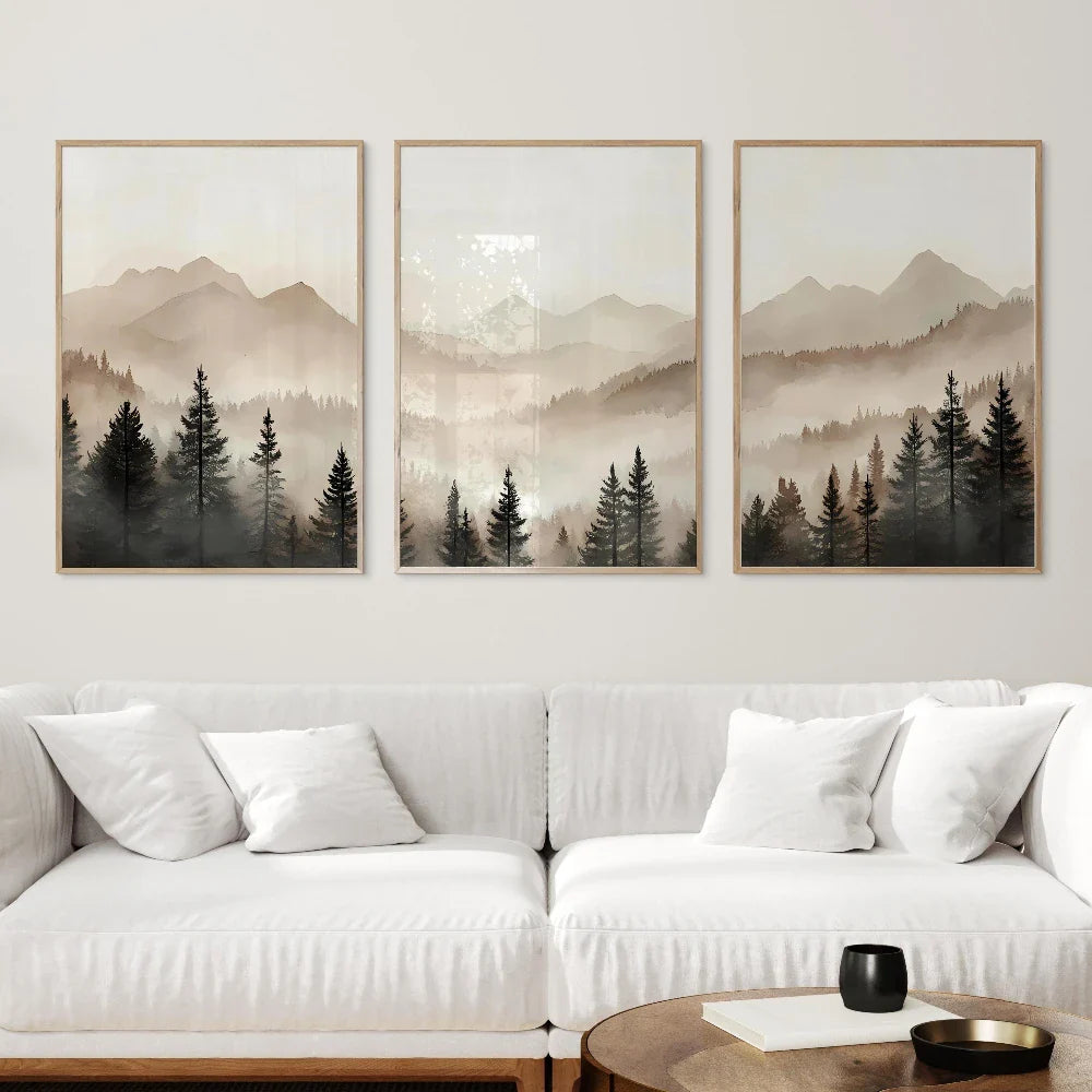 Abstract Forest Mountains Triptych Canvas