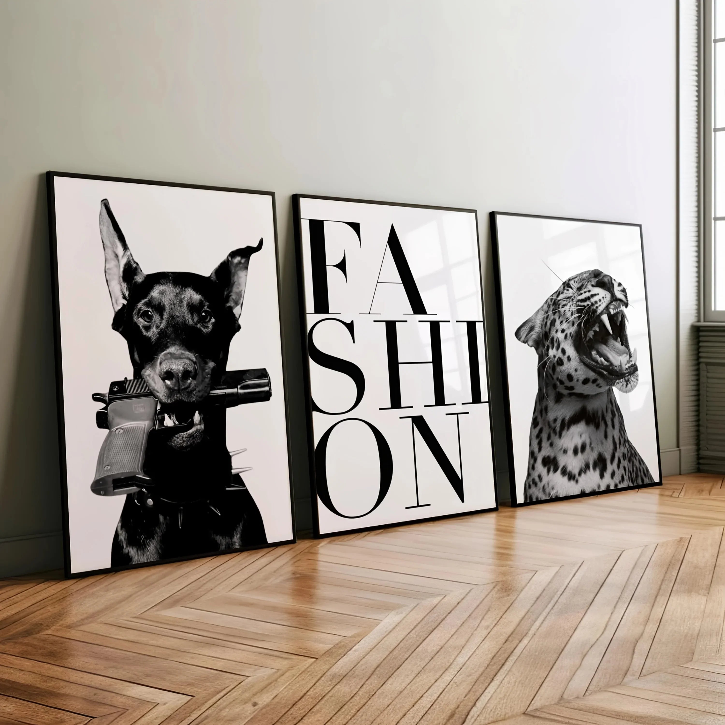 3pcs Frameless Doberman & Leopard Black White Grey Animal Portrait Canvas Wall Art Set - Modern German Shepherd Inspired Posters