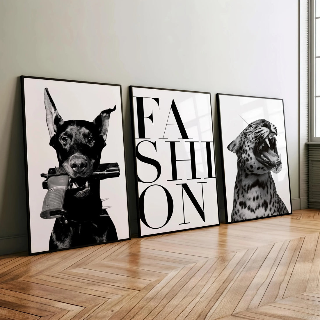 3pcs Frameless Doberman & Leopard Black White Grey Animal Portrait Canvas Wall Art Set - Modern German Shepherd Inspired Posters