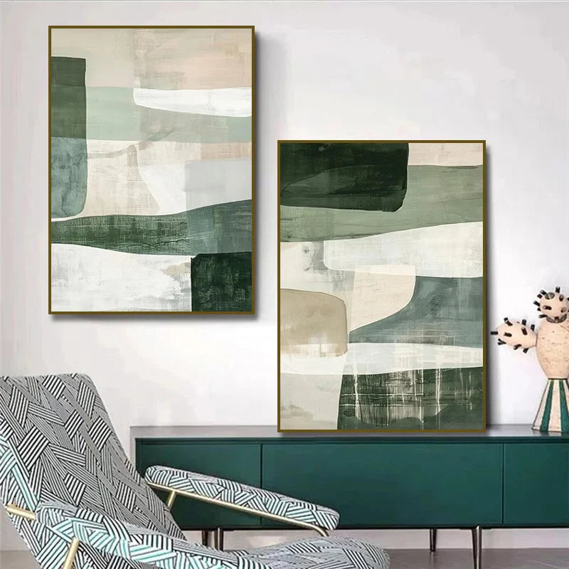 Abstract Geometric Green Beige Poster Canvas Painting Print Wall Art Neutral Modern Minimalist Boho Room Home Decoration