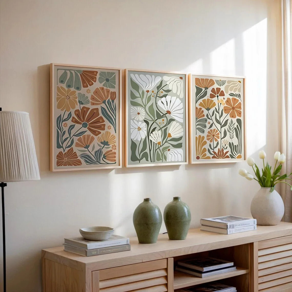 3pcs Modern Abstract Floral Canvas Wall Art Prints, Unframed Bohemian Botanical Canvas Wall Posters for Living Room Decortions