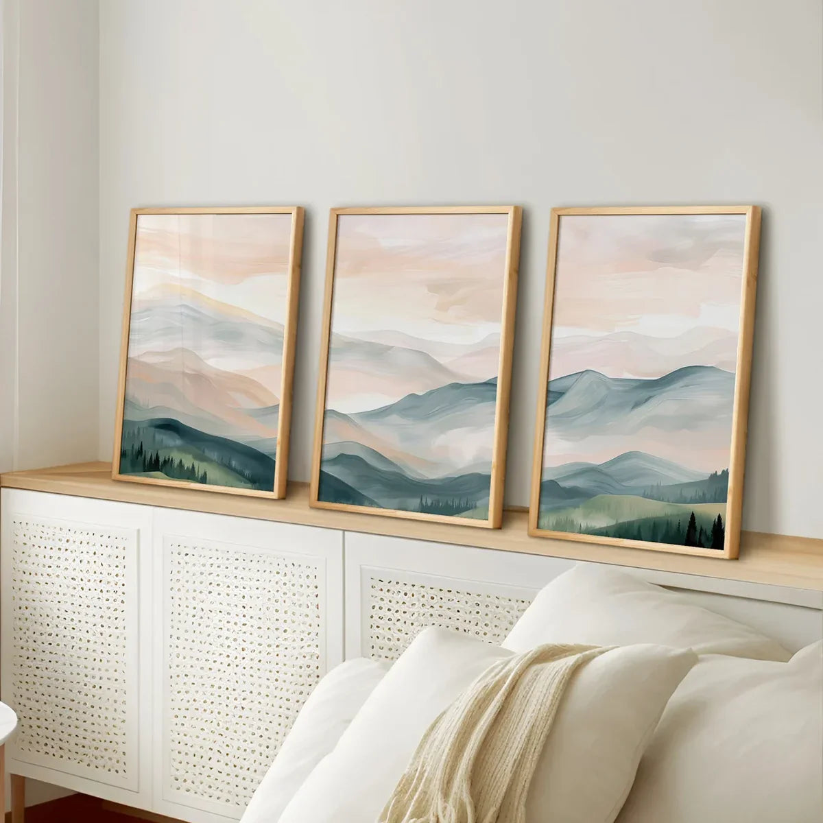 3PCS  Boho Landscape Poster Set Modern Mountain Poster  Wall Art Trio Green Beige Gray Canvas Paintings For Room Decoration
