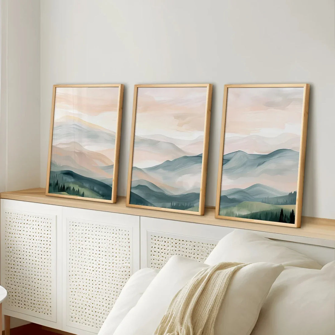 3PCS  Boho Landscape Poster Set Modern Mountain Poster  Wall Art Trio Green Beige Gray Canvas Paintings For Room Decoration
