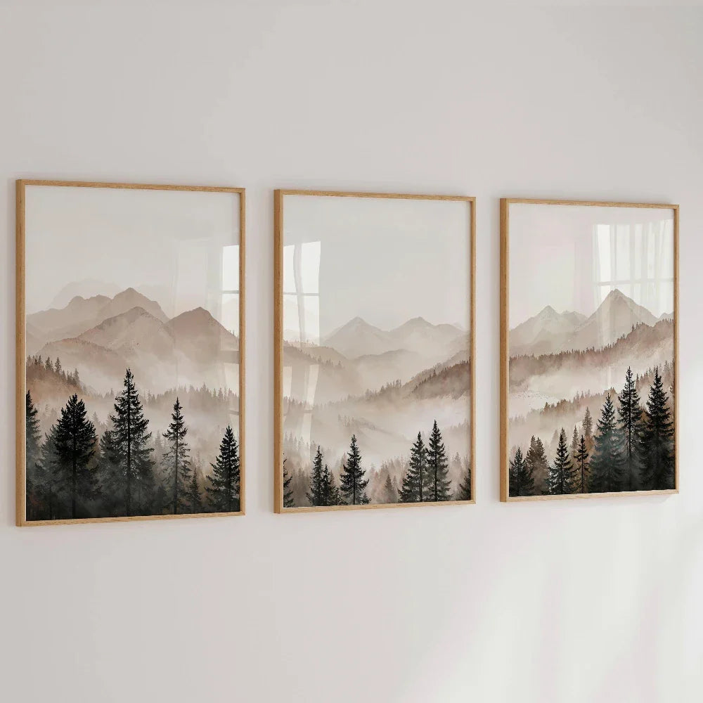 Abstract Forest Mountains Triptych Canvas