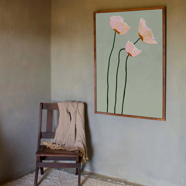 Chic Poppy Flower Canvas Print -Sage Green & Pink, Floral Wall Art for Living Room, Bedroom, Dorm Decor, Perfect for Room Dec