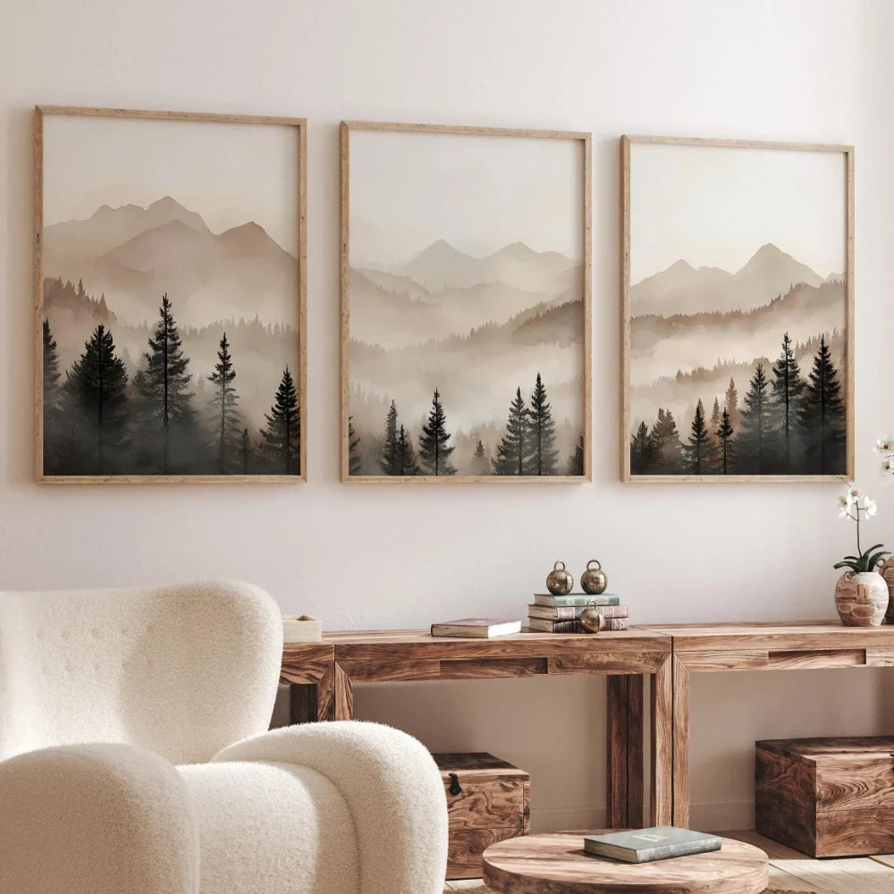 Abstract Forest Mountains Triptych Canvas