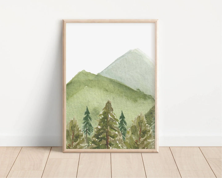 Modern Woodland Nursery Forest Wall Art Watercolor Tree Mountain Birds Canvas Painting Living Room Bedroom Home Decor
