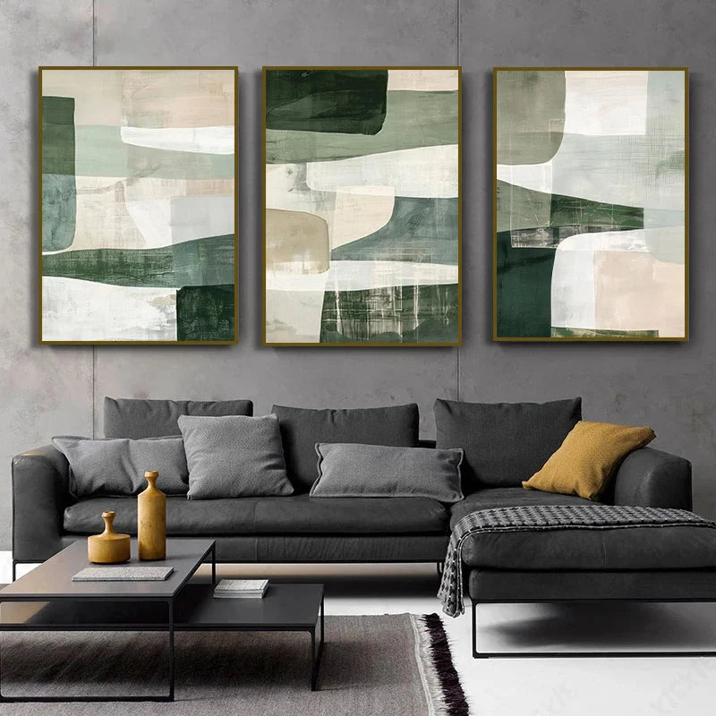 Abstract Geometric Green Beige Poster Canvas Painting Print Wall Art Neutral Modern Minimalist Boho Room Home Decoration