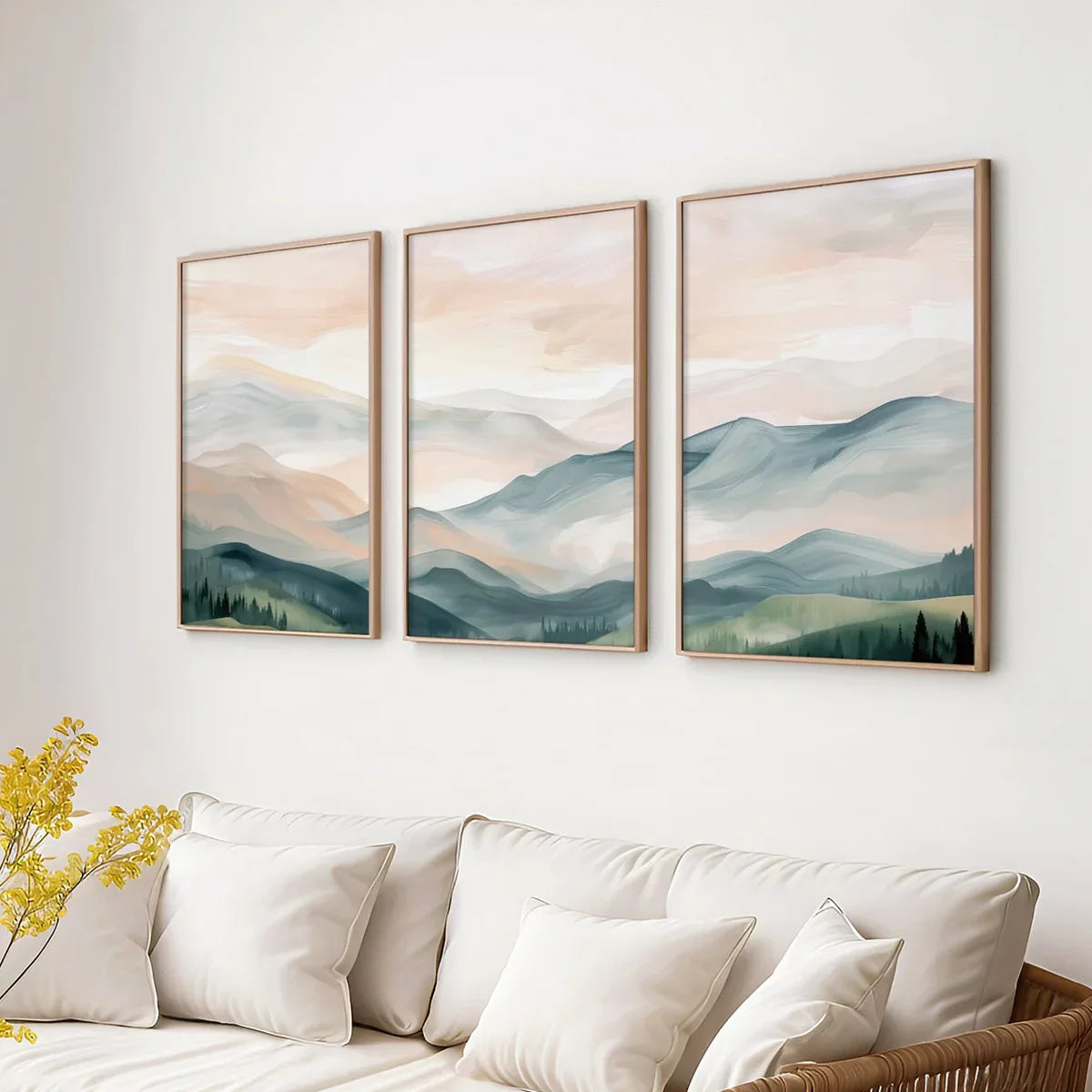 3PCS  Boho Landscape Poster Set Modern Mountain Poster  Wall Art Trio Green Beige Gray Canvas Paintings For Room Decoration