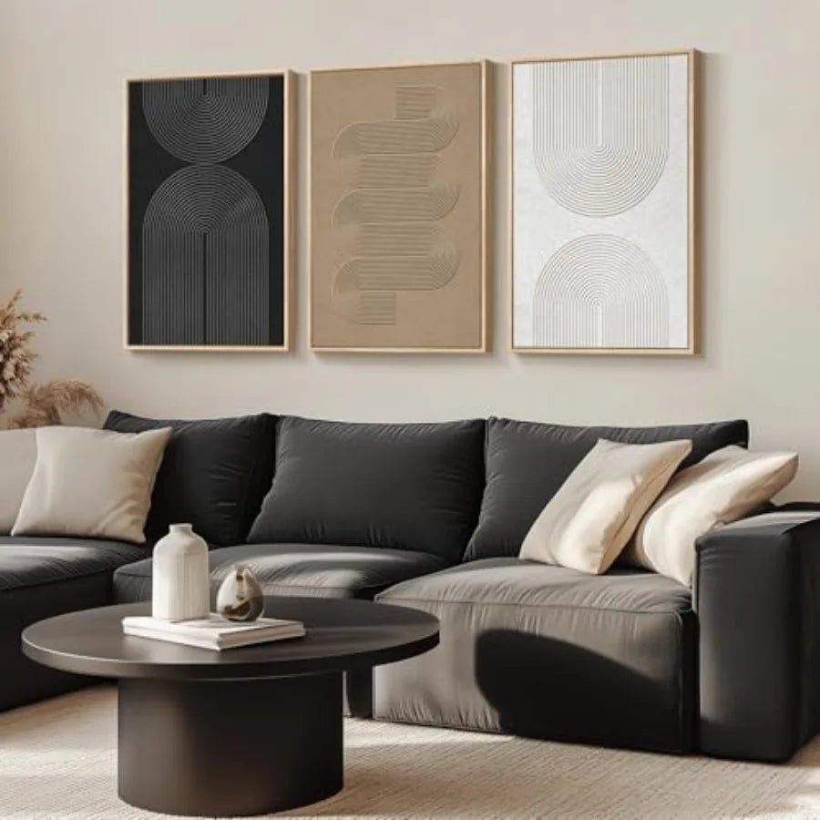 Large Framed Boho Modern Neutral Abstract Wall Art for Living Room, 3 Piece Black and White Canvas Prints Paintings Artwork for