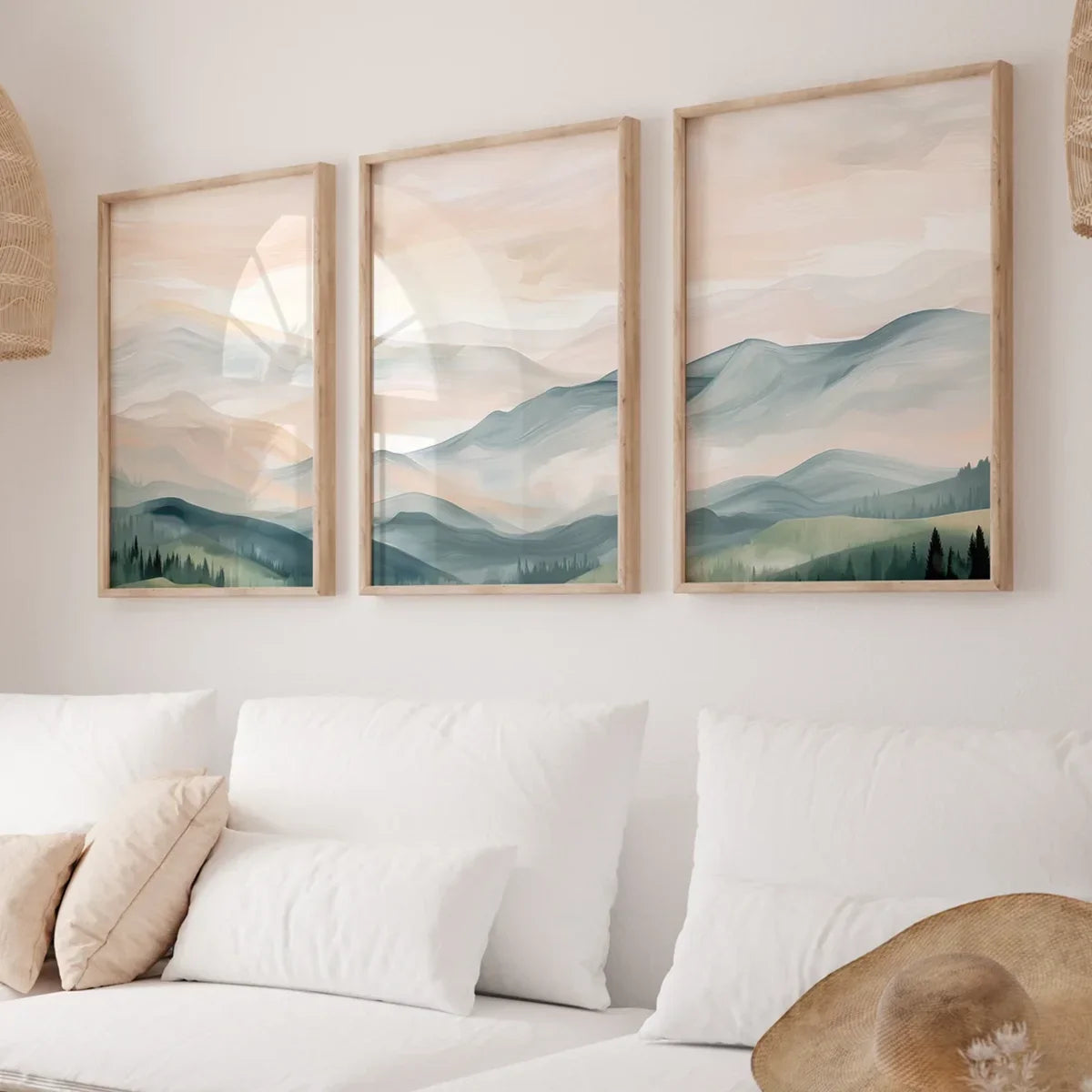 3PCS  Boho Landscape Poster Set Modern Mountain Poster  Wall Art Trio Green Beige Gray Canvas Paintings For Room Decoration