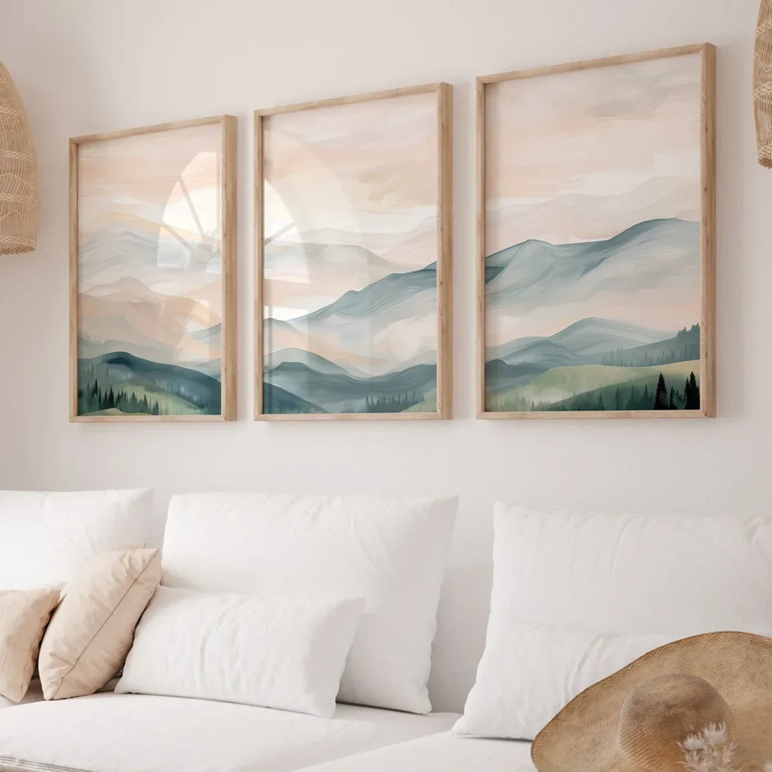 3PCS  Boho Landscape Poster Set Modern Mountain Poster  Wall Art Trio Green Beige Gray Canvas Paintings For Room Decoration