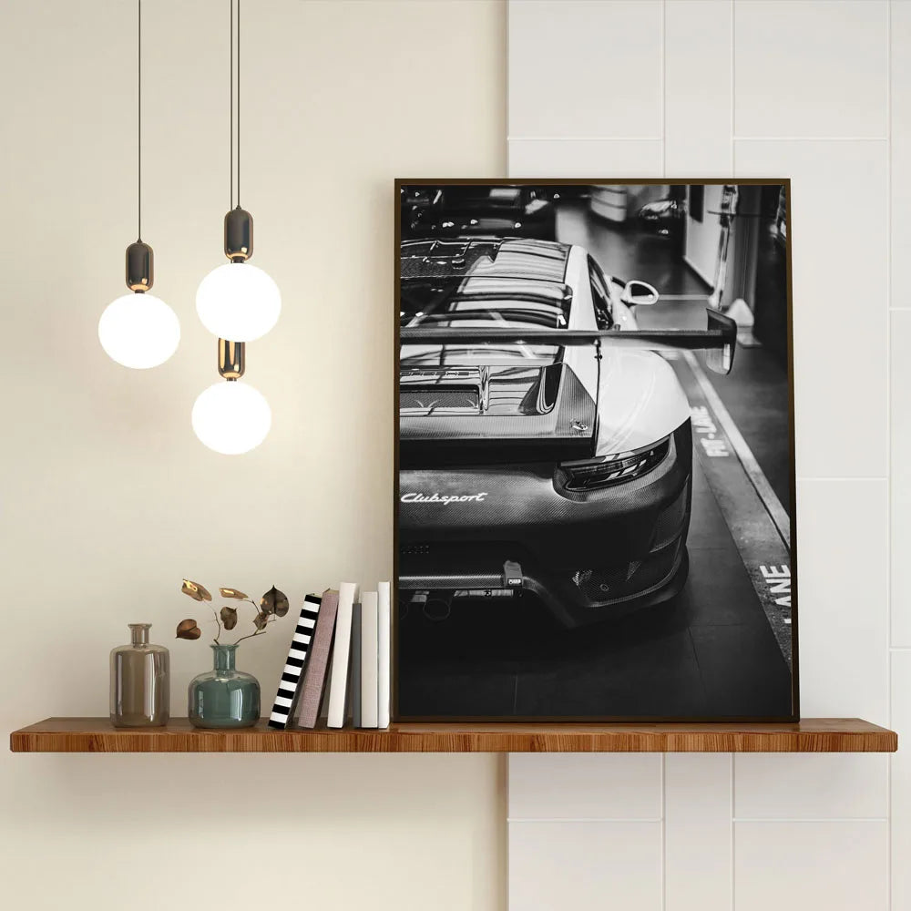 Portrait of Middle Ages Black and White Sports Car Posters and Prints Canvas Painting Wall Art Pictures Home Bar Room Decoration