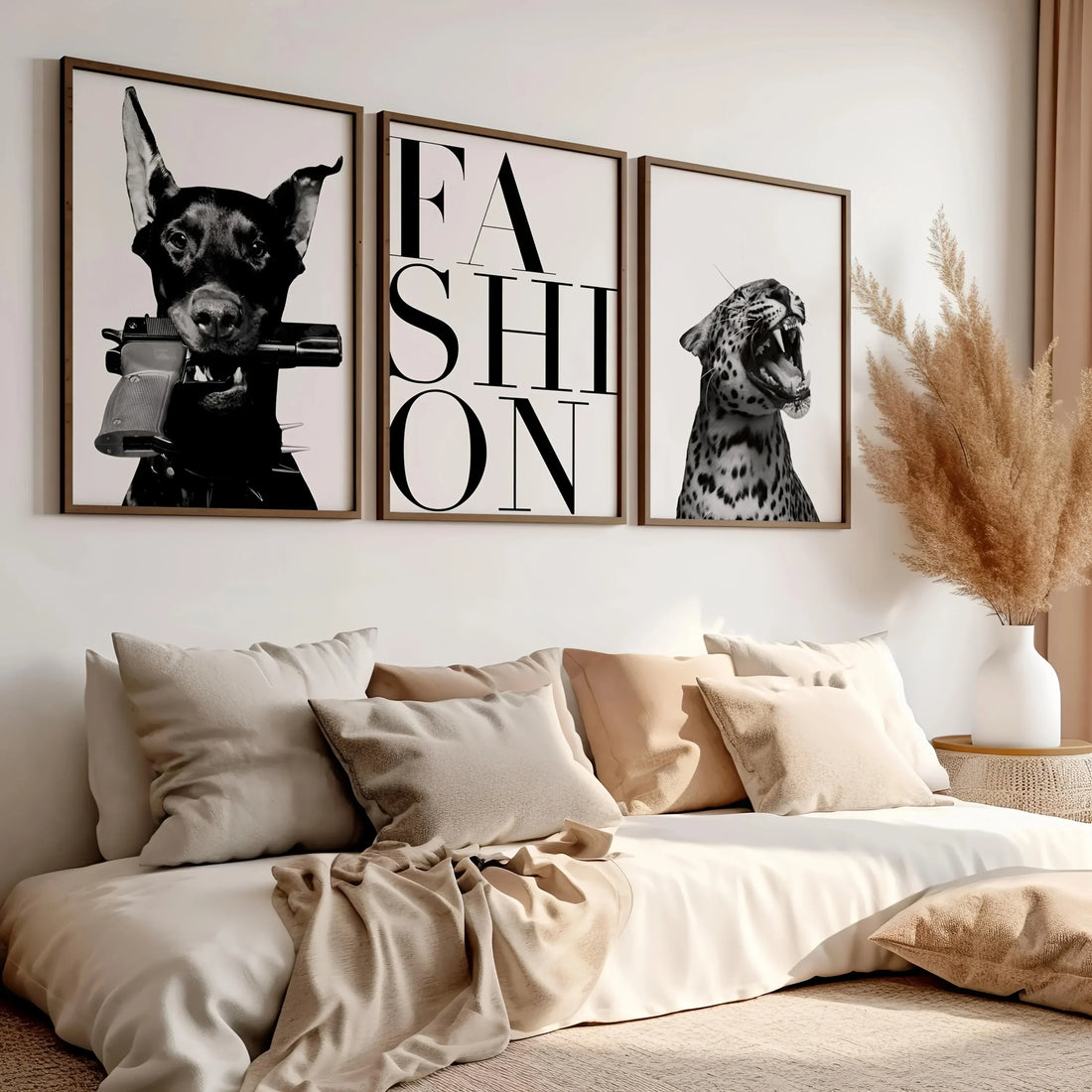 3pcs Frameless Doberman & Leopard Black White Grey Animal Portrait Canvas Wall Art Set - Modern German Shepherd Inspired Posters