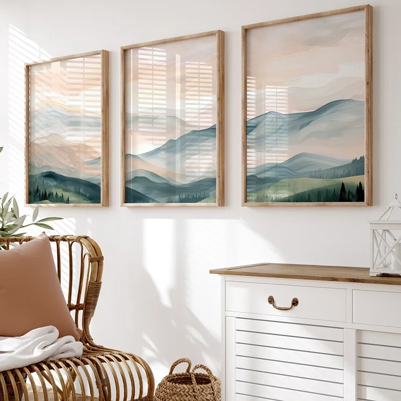 3PCS  Boho Landscape Poster Set Modern Mountain Poster  Wall Art Trio Green Beige Gray Canvas Paintings For Room Decoration