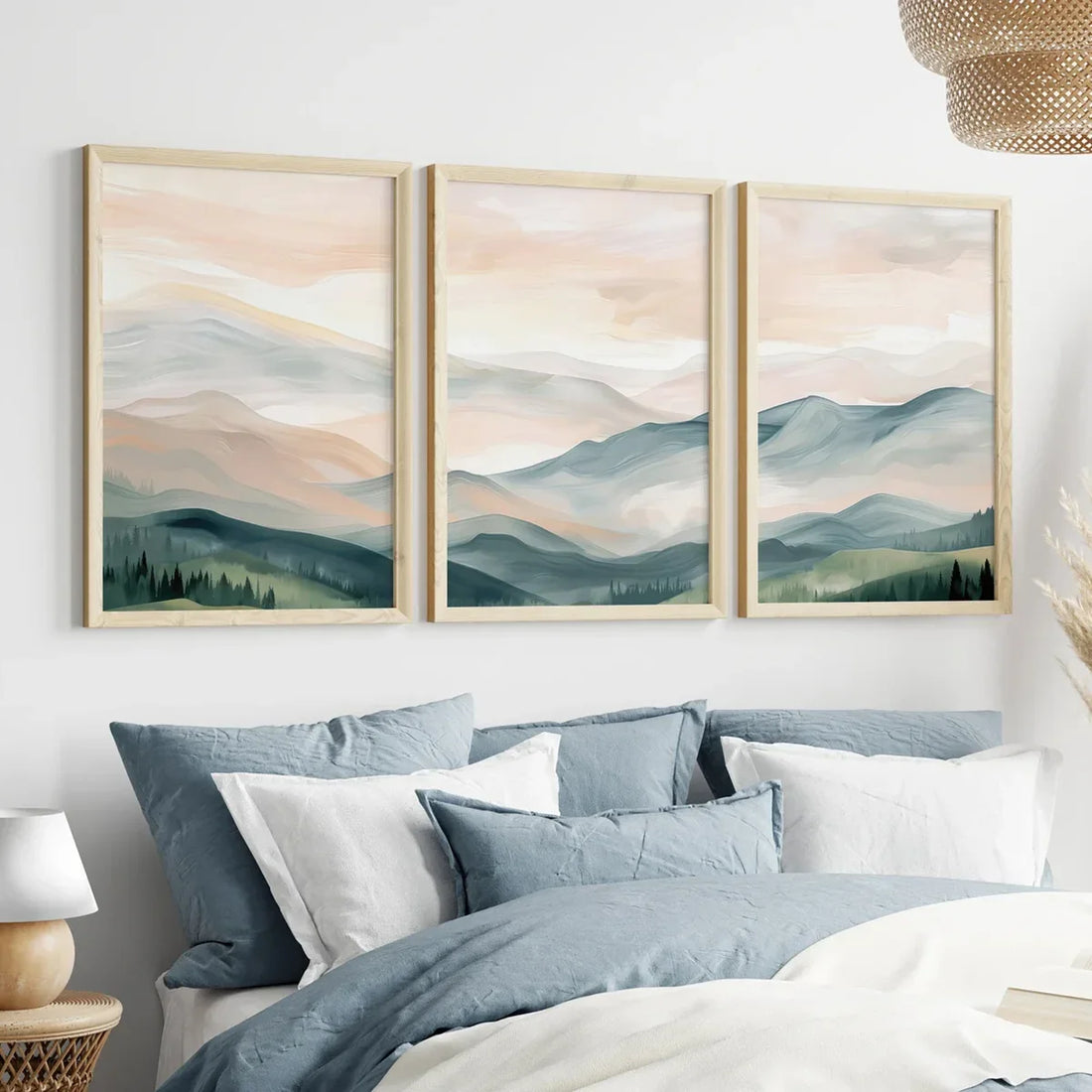 3PCS  Boho Landscape Poster Set Modern Mountain Poster  Wall Art Trio Green Beige Gray Canvas Paintings For Room Decoration