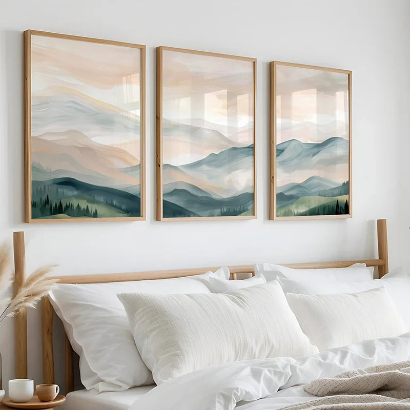 3PCS  Boho Landscape Poster Set Modern Mountain Poster  Wall Art Trio Green Beige Gray Canvas Paintings For Room Decoration