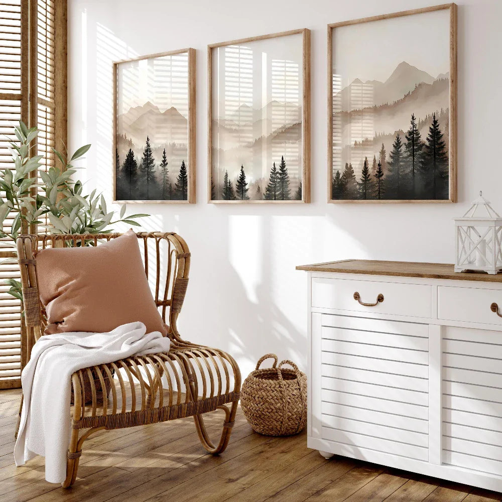 Abstract Forest Mountains Triptych Canvas