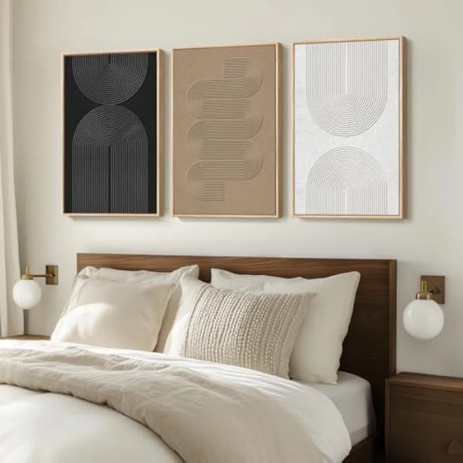 Large Framed Boho Modern Neutral Abstract Wall Art for Living Room, 3 Piece Black and White Canvas Prints Paintings Artwork for