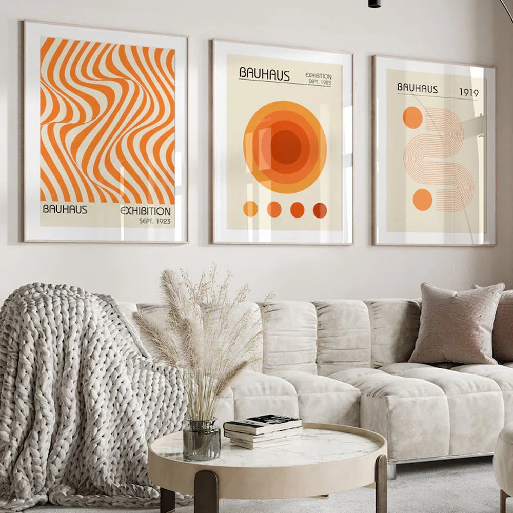 1PC/3PCS Frameless Abstract Orange Bauhaus Posters Canvas Painting Minimalist Modern Geometric Wall Art Exhibition Home Decor