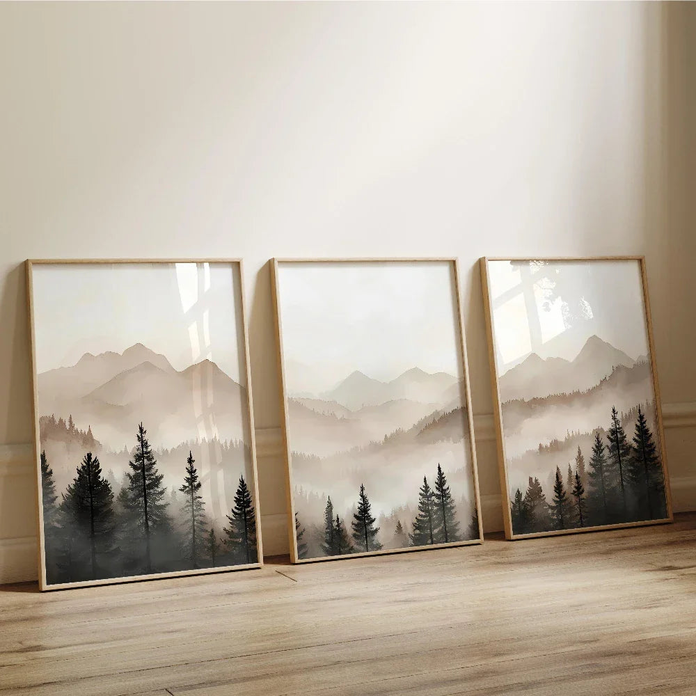 Abstract Forest Mountains Triptych Canvas