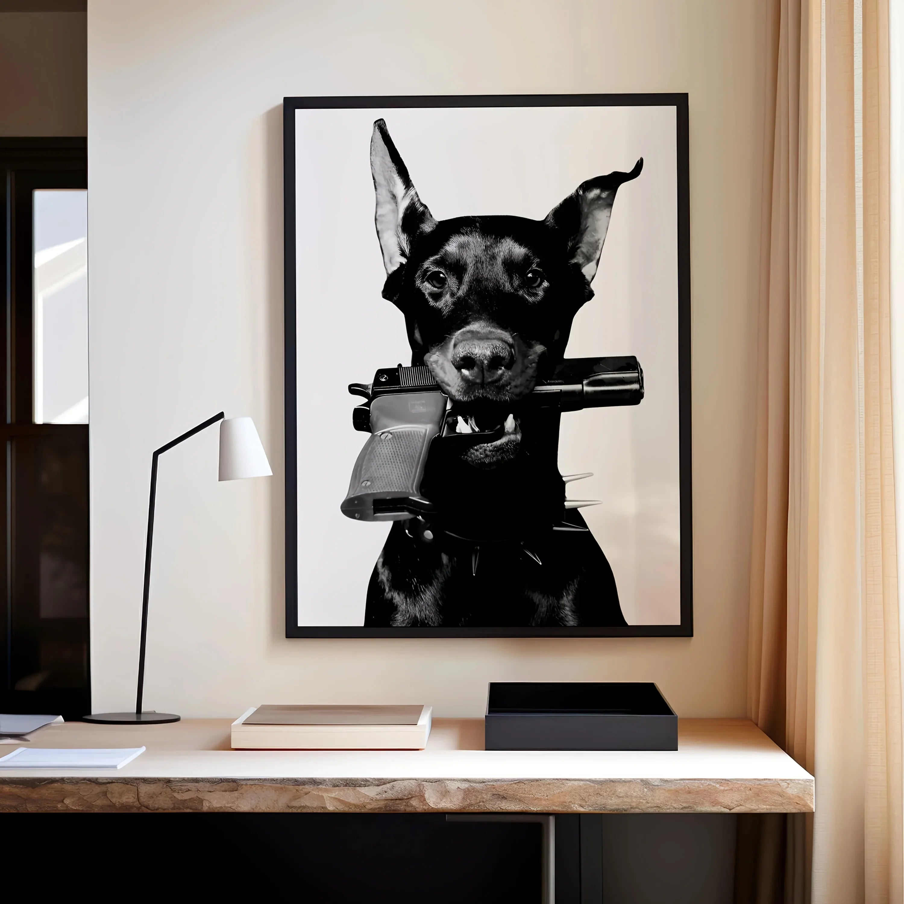 3pcs Frameless Doberman & Leopard Black White Grey Animal Portrait Canvas Wall Art Set - Modern German Shepherd Inspired Posters