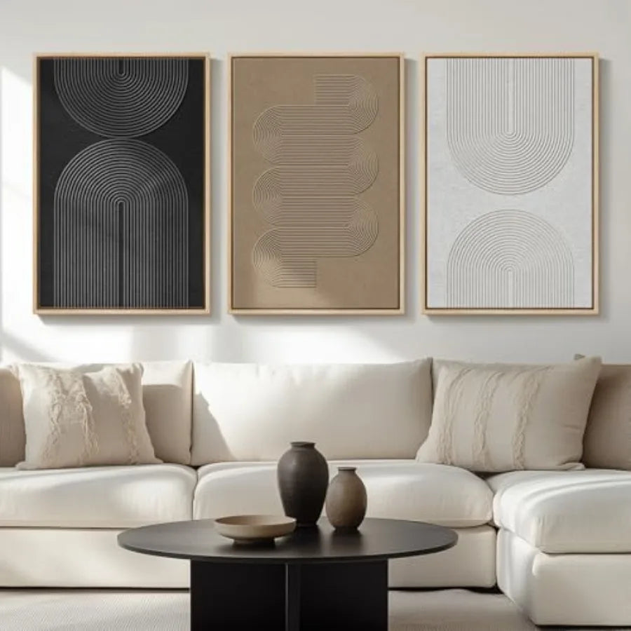 Large Framed Boho Modern Neutral Abstract Wall Art for Living Room, 3 Piece Black and White Canvas Prints Paintings Artwork for