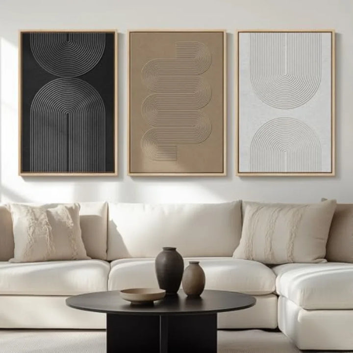 Large Framed Boho Modern Neutral Abstract Wall Art for Living Room, 3 Piece Black and White Canvas Prints Paintings Artwork for